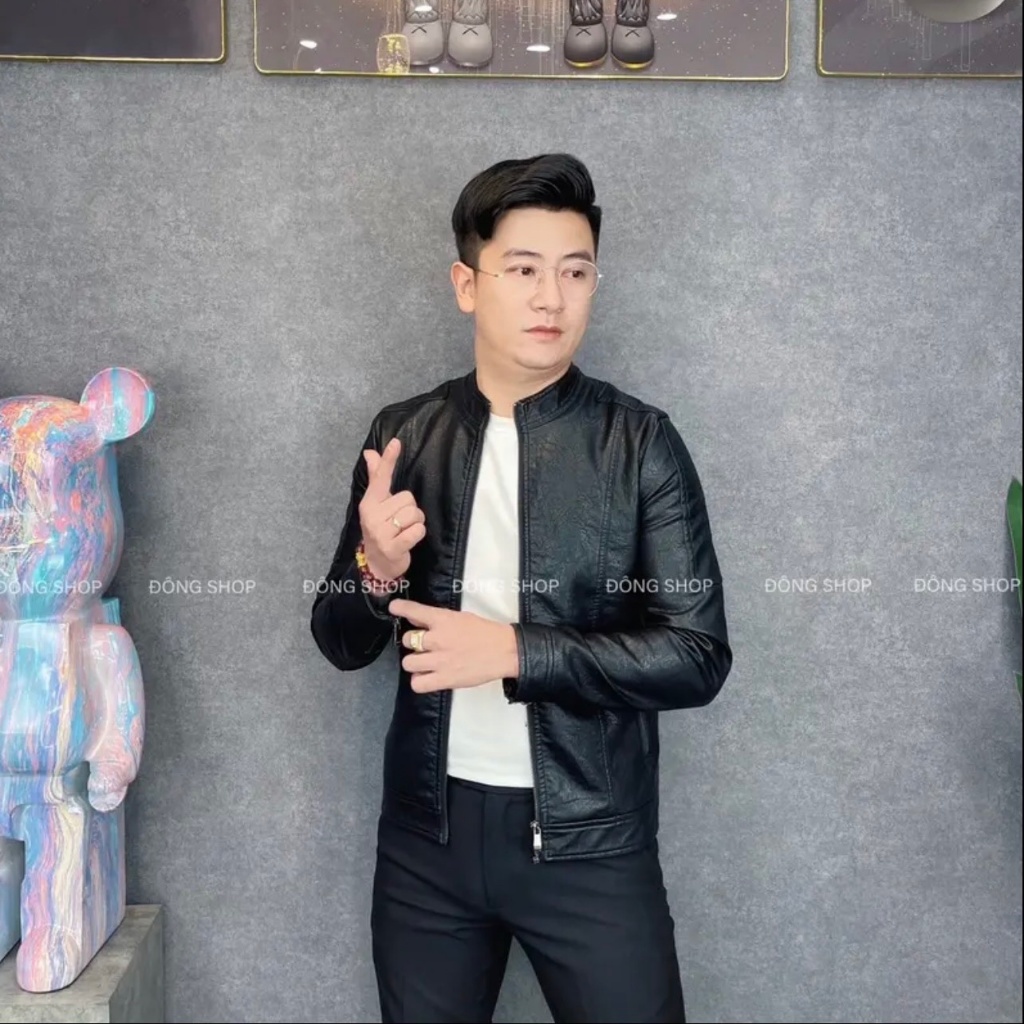 Áo khoác, áo khoác da cổ tàu lót bông tay kéo khóa thời trang nam