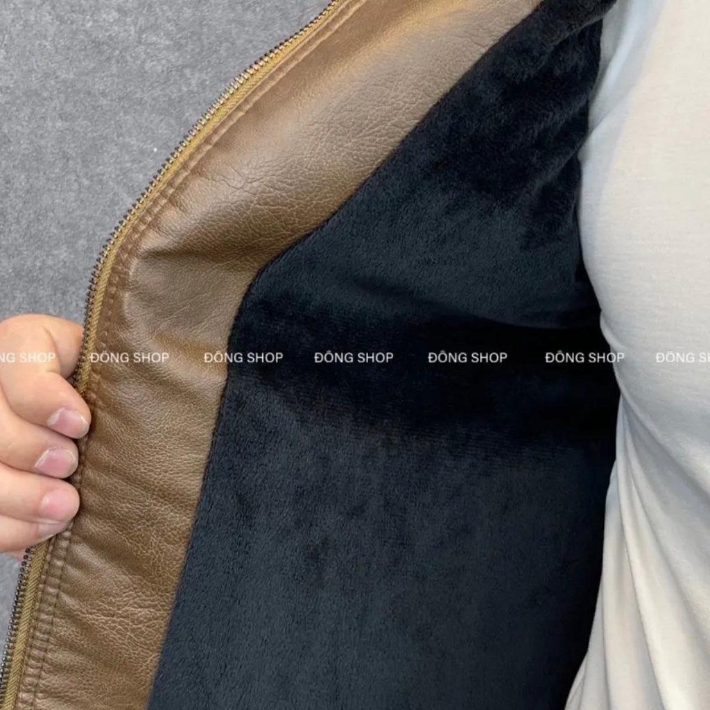 Áo khoác, áo khoác da cổ tàu lót bông tay kéo khóa thời trang nam