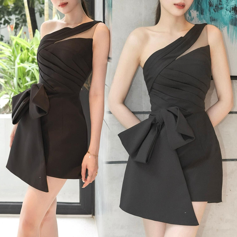 Jumpsuit đen lệch vai, thắt nơ eo sang trọng