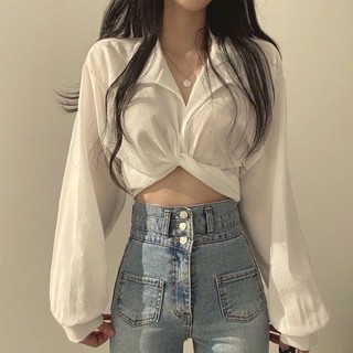 Áo sơ mi nữ trắng đen xoắn eo dây dài cột nơ sau lưng tay phồng dài cực xinh TU