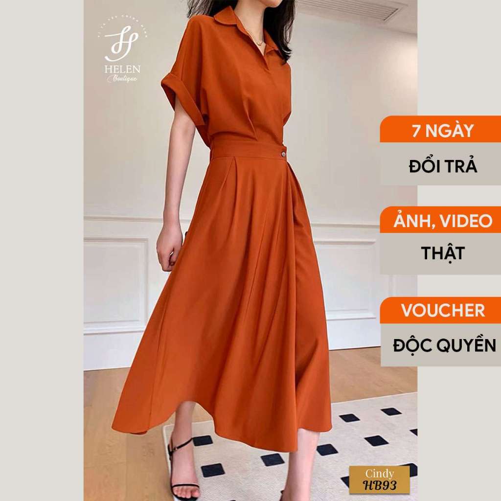 Đầm sơ mi công sở cam cháy tay dơi, thắt eo thanh lịch, lụa Mango, bigsize, giá tận xưởng, HELEN BOUTIQUE - CINDY HB93