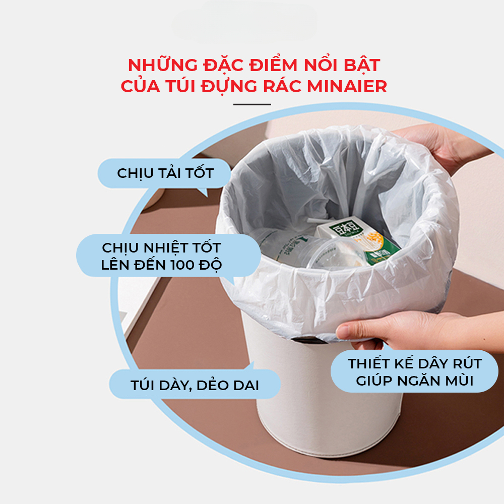 Túi Đựng Rác Dây Rút Mainaier, Cuộn 100 Túi Đựgn Rác Tự Phân Hủy Chống Rò Rỉ Nước Kích Thước 45x50cm Sêu Dai