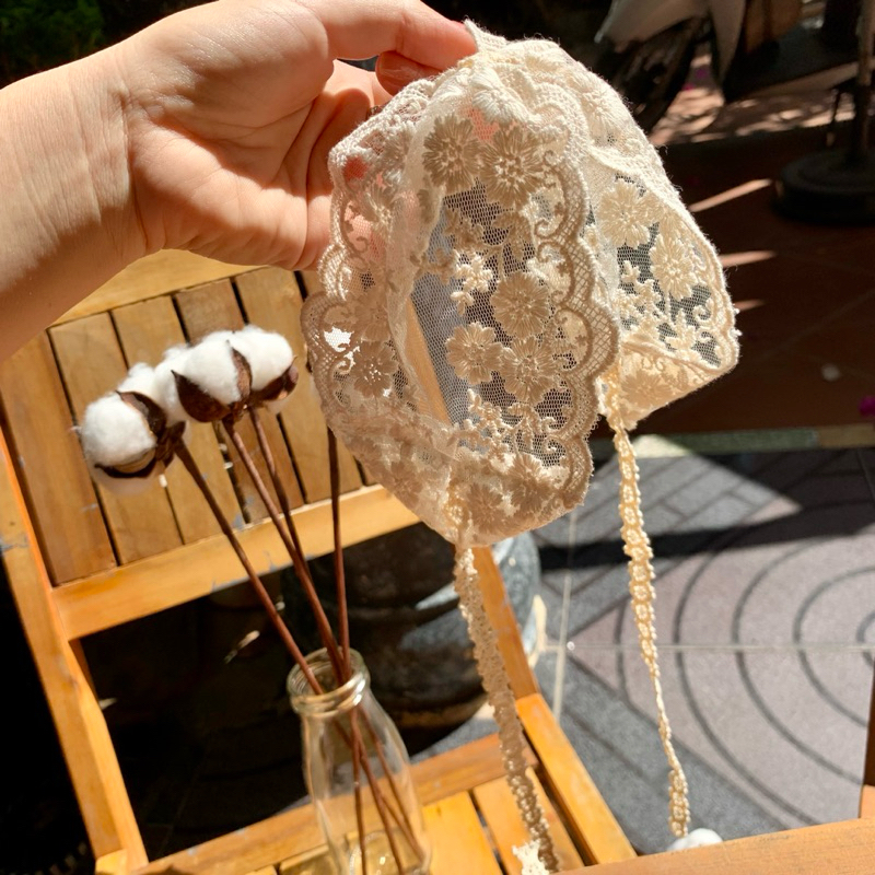 Turban ren màu Kem  style Hàn Quốc cho bé . Ren Mềm . Dây Buộc Chỉnh Vòng Đầu Cho Bé