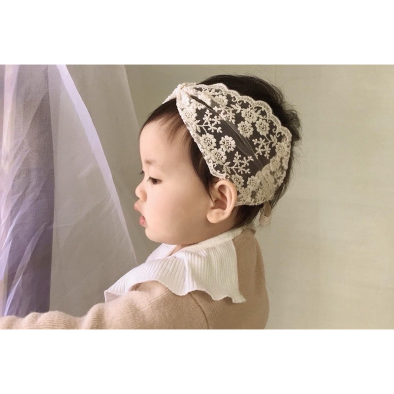 Turban ren màu Kem  style Hàn Quốc cho bé . Ren Mềm . Dây Buộc Chỉnh Vòng Đầu Cho Bé