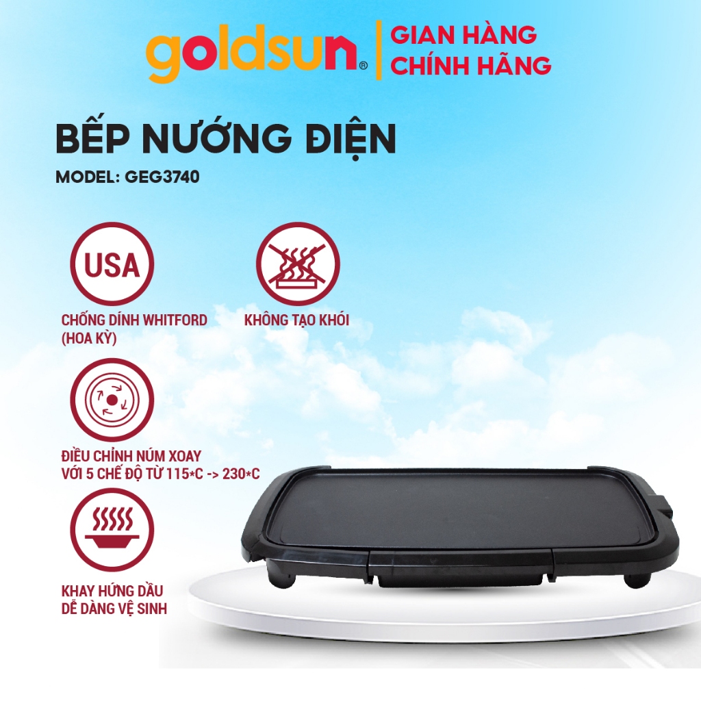 Bếp nướng điện goldsun GEG3740 không khói 1800W vỉ nướng 50x10 nhôm phủ chống dính có kèm khay hứng dầu