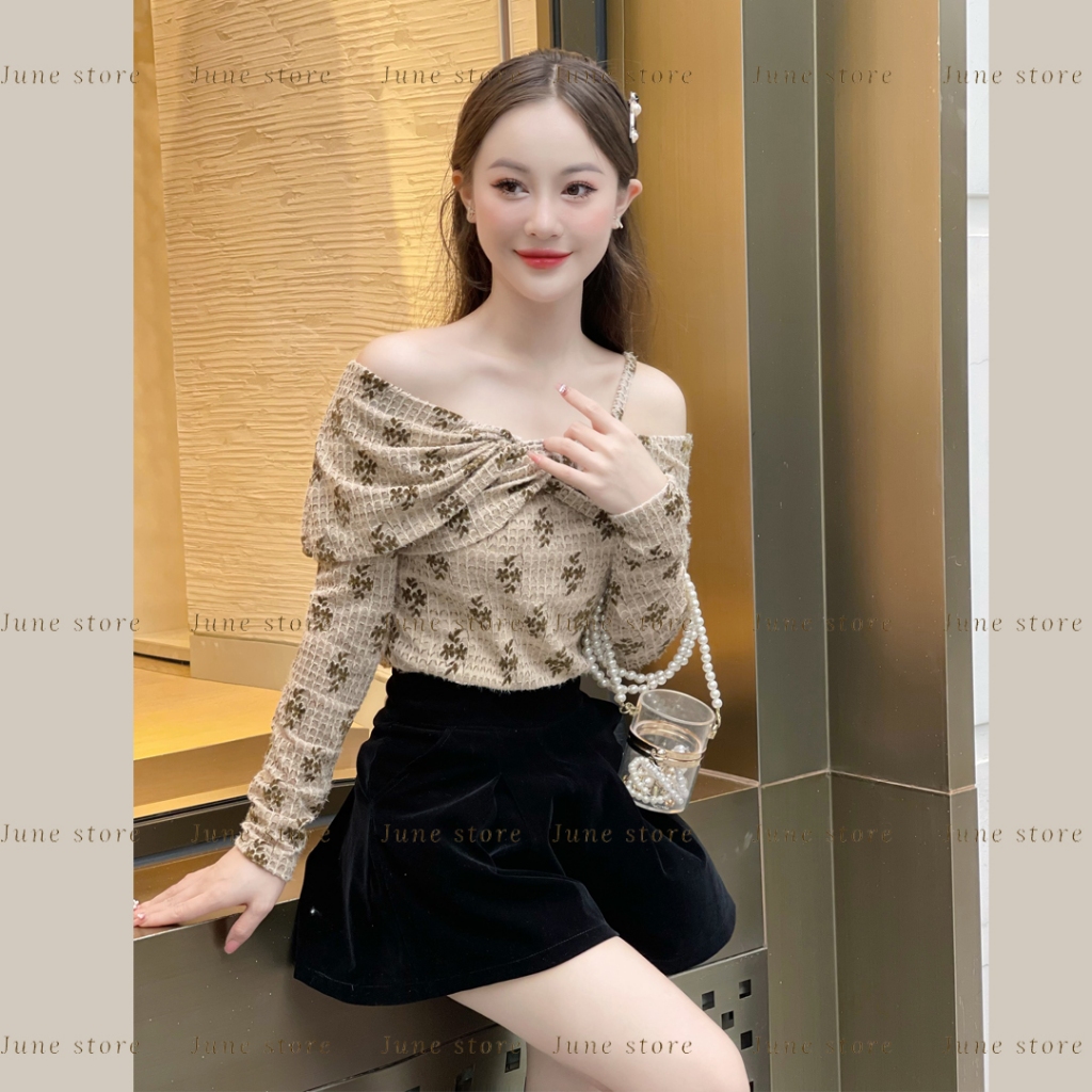 Áo len trễ vai tay dài cổ xoắn cách điệu TV106