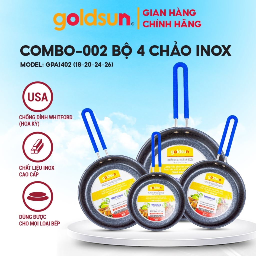 Combo-002 Bộ 4 Chảo Inox Goldsun Chống Dính Đáy Từ Dùng Được Cho Mọi Loại Bếp - GPA1402 (18-20-24-26)