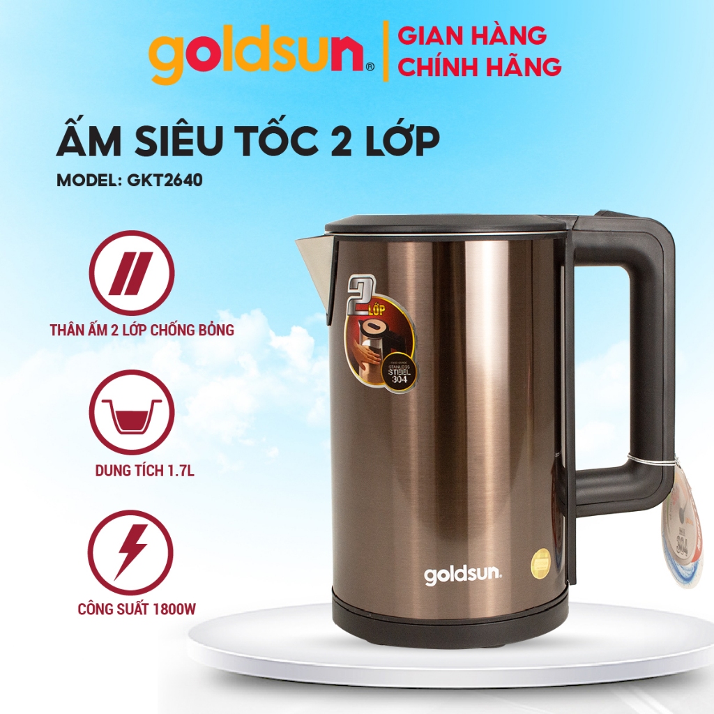 Ấm siêu tốc 2 lớp GKT2640, bình đun siêu tốc inox 2 lớp tay cầm cách nhiệt, tự ngắt khi sôi