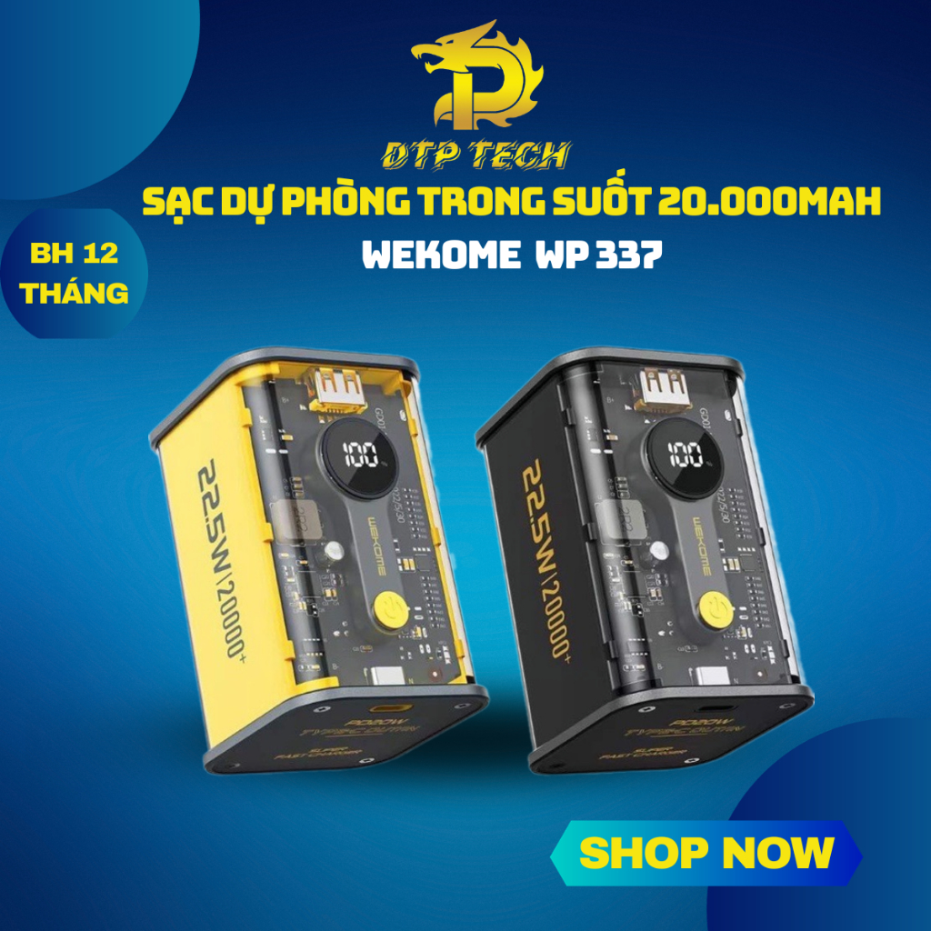 Sạc dự phòng trong suốt 20.000mah WEKOME WP-337 sạc nhanh PD/QC3.0 22.5W - BH 12 tháng