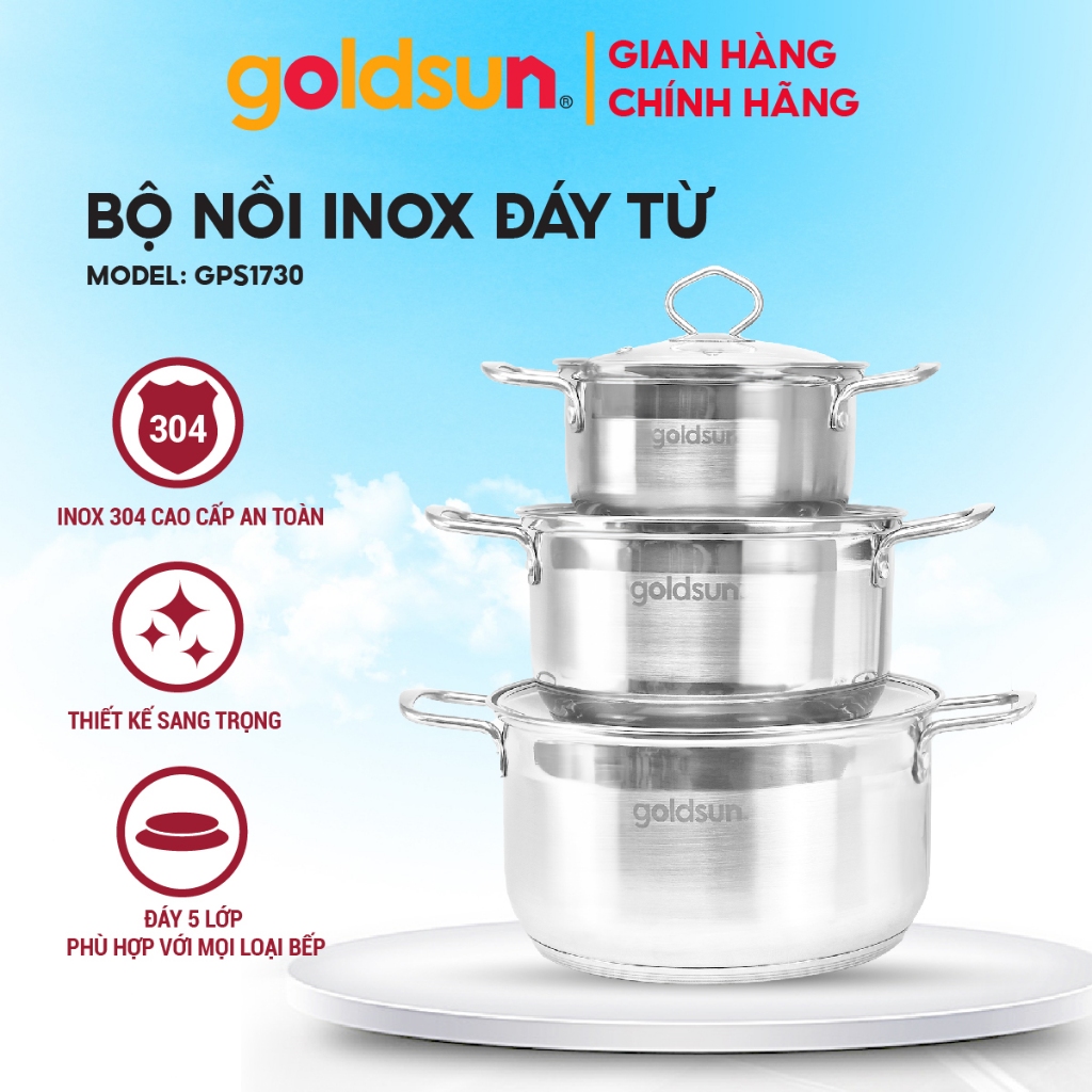 Bộ nồi inox đáy từ 5 lớp sử dụng trên mọi loại bếp Goldsun GPS1730