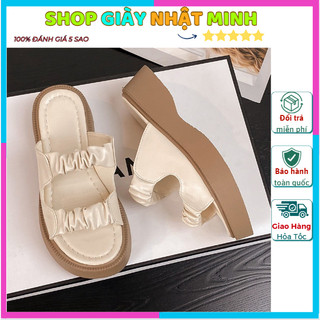 Dép nữ đế nâu 3cm, Dép bèo 2 quai nhún da mềm êm chân mẫu mới siêu hot