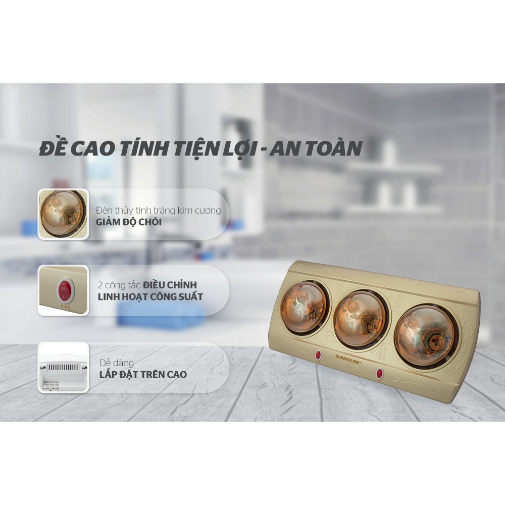 Đèn sưởi nhà tắm Halogen 2 bóng và 3 bóng Sunhouse SHD3812 / SHD3813 + tặng dao làm bếp màu đen