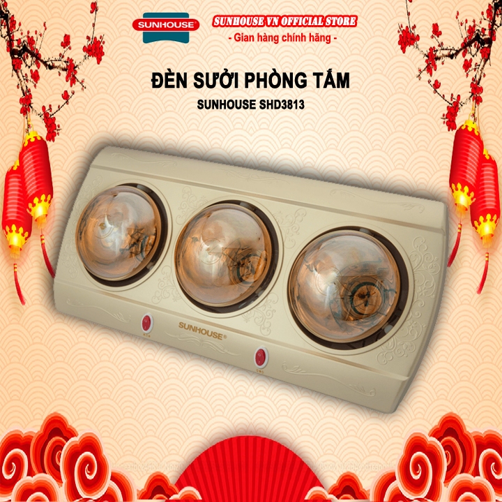 Đèn sưởi nhà tắm Halogen 2 bóng và 3 bóng Sunhouse SHD3812 / SHD3813 + tặng dao làm bếp màu đen