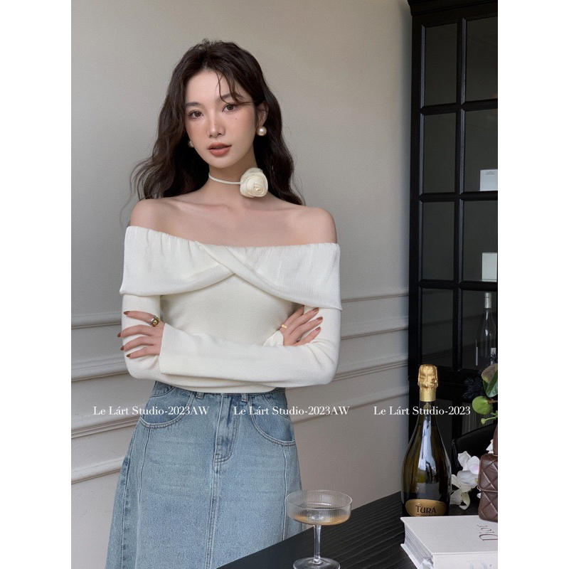 Áo len trễ vai bèo ngang 2 vạt tay dài