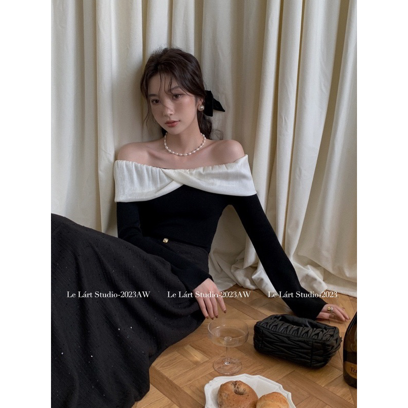 Áo len trễ vai bèo ngang 2 vạt tay dài