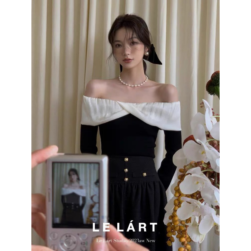 Áo len trễ vai bèo ngang 2 vạt tay dài