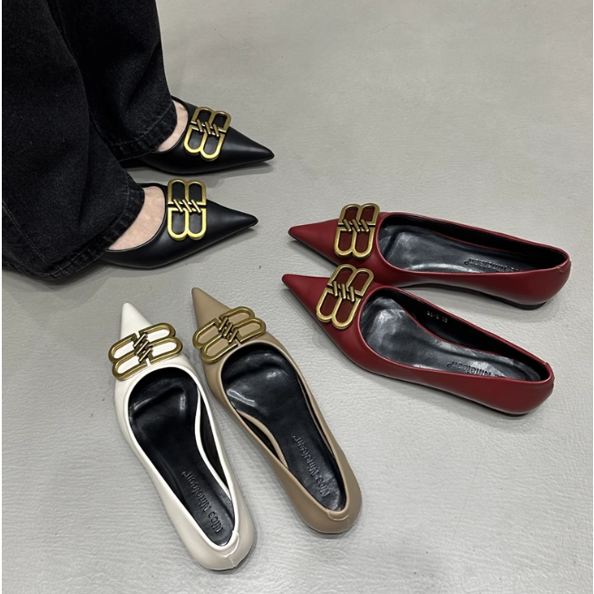 Giày Búp Bê Nữ Khóa Kim Loại Mũi Nhọn Đế Mềm Thoải Mái Gót Bằng Miệng Dẹp 2023