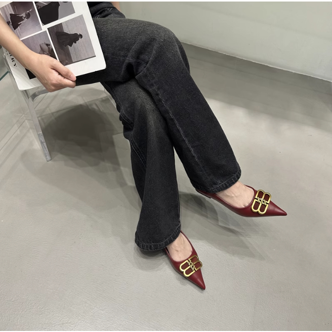 Giày Búp Bê Nữ Khóa Kim Loại Mũi Nhọn Đế Mềm Thoải Mái Gót Bằng Miệng Dẹp 2023