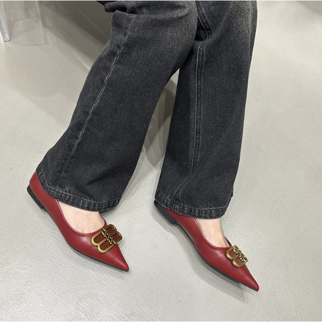 Giày Búp Bê Nữ Khóa Kim Loại Mũi Nhọn Đế Mềm Thoải Mái Gót Bằng Miệng Dẹp 2023