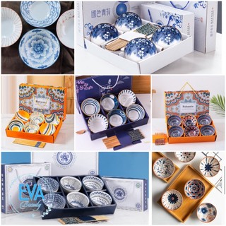 Bộ chén đũa in hoa văn cổ xuất nhật kèm đũa chất gốm sứ cao cấp, mỏng, nhẹ và tráng men mịn bóng