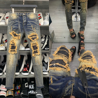 Quần Jean Nam VLADAK Đính Đá Xanh Sẫm Loang Tua Vàng, Quần bò Vladak hoạ tiết đính đá bản cao cấp