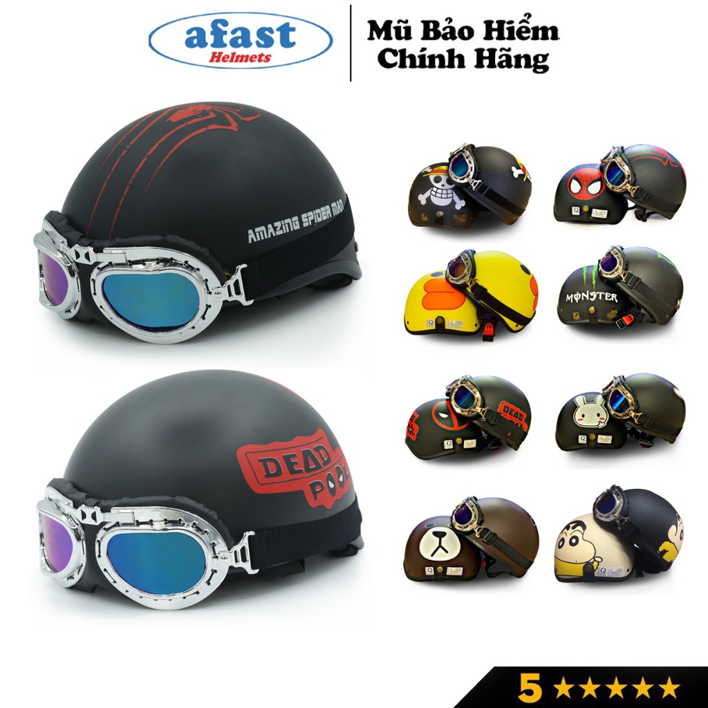 Mũ bảo hiểm 1/2 đầu afast Helmets AF04 thời trang, cá tính nhiều họa tiết kèm kính phi công, UV Freesize (54-58cm)