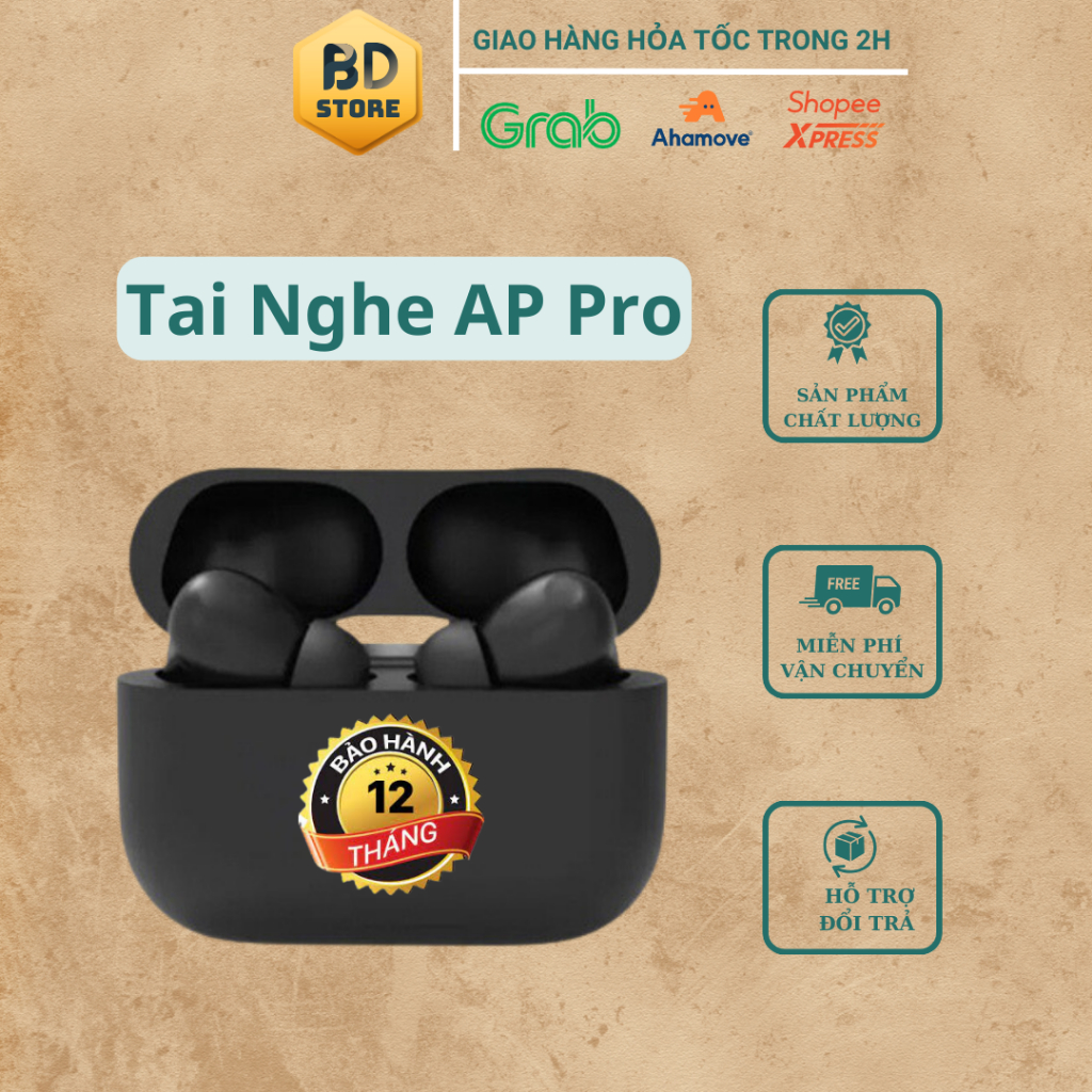 Tai nghe bluetooth AP PRO Đen tích hợp CHIP D8 xịn, âm to, bass hay, pin trâu, bản nâng cấp mới nhất 2023