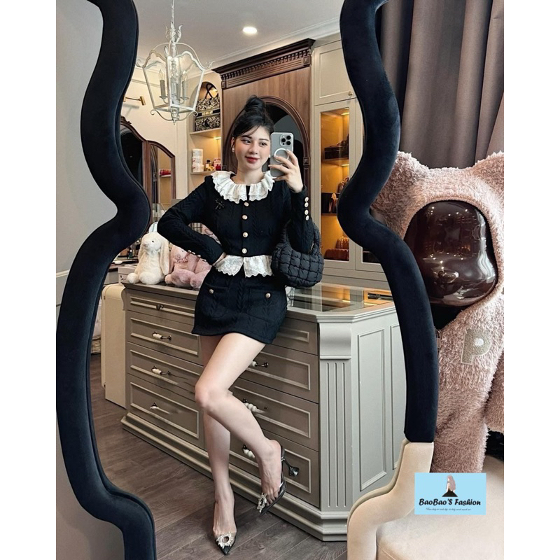 Set len thừng đen phối ren trắng thanh lịch