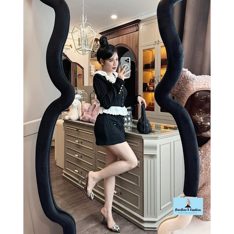 Set len thừng đen phối ren trắng thanh lịch