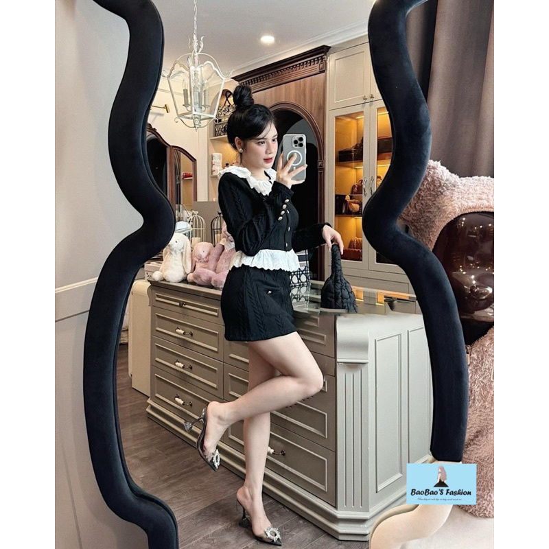 Set len thừng đen phối ren trắng thanh lịch