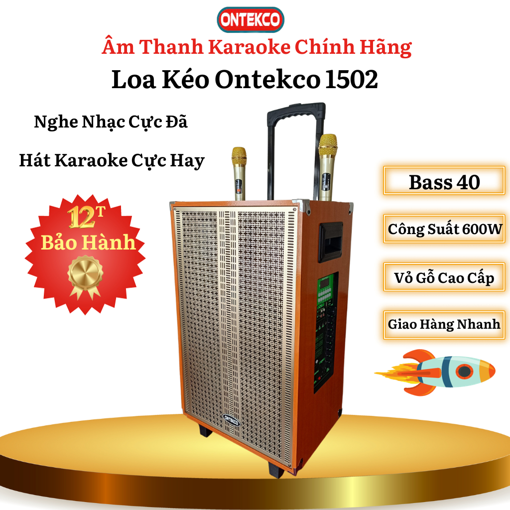 Loa kéo karaoke Bass 40 ONTEKCO 1502 Tặng 2 mic không dây chống hú - Vỏ gỗ, mặt lưới kim loại cao cấp