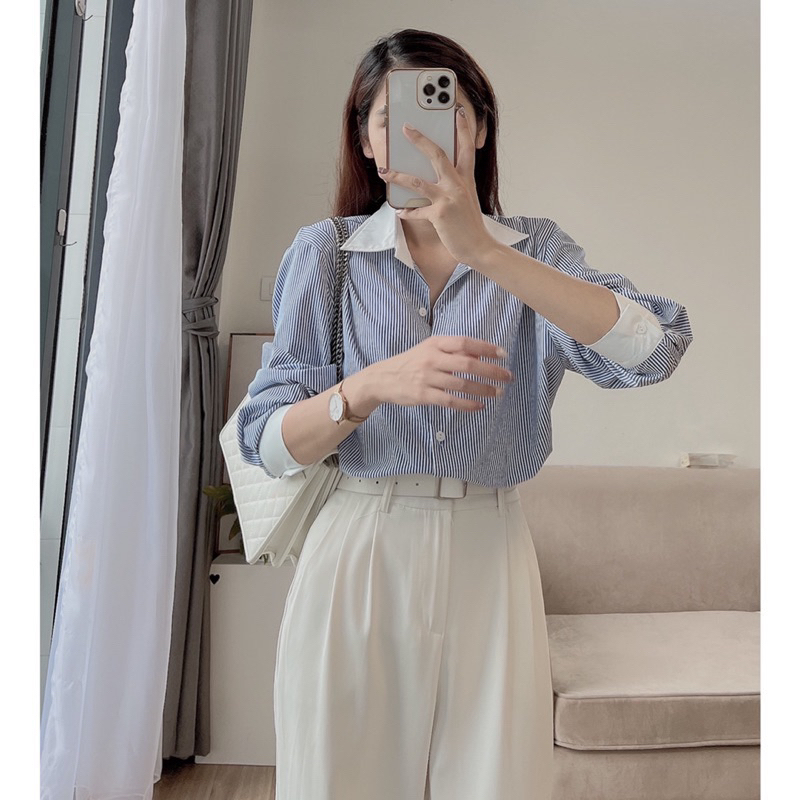 XẢ KHO Áo sơ mi nữ dài tay form rộng cổ đức phối kate trắng áo sơ mi nữ sọc công sở áo sơ mi sọc xanh