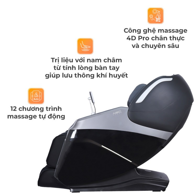 Ghế massage toàn thân ABCSport A22 black công nghệ massage 4D PRO, 12 bài massage tự động, điều khiển bằng giọng nói