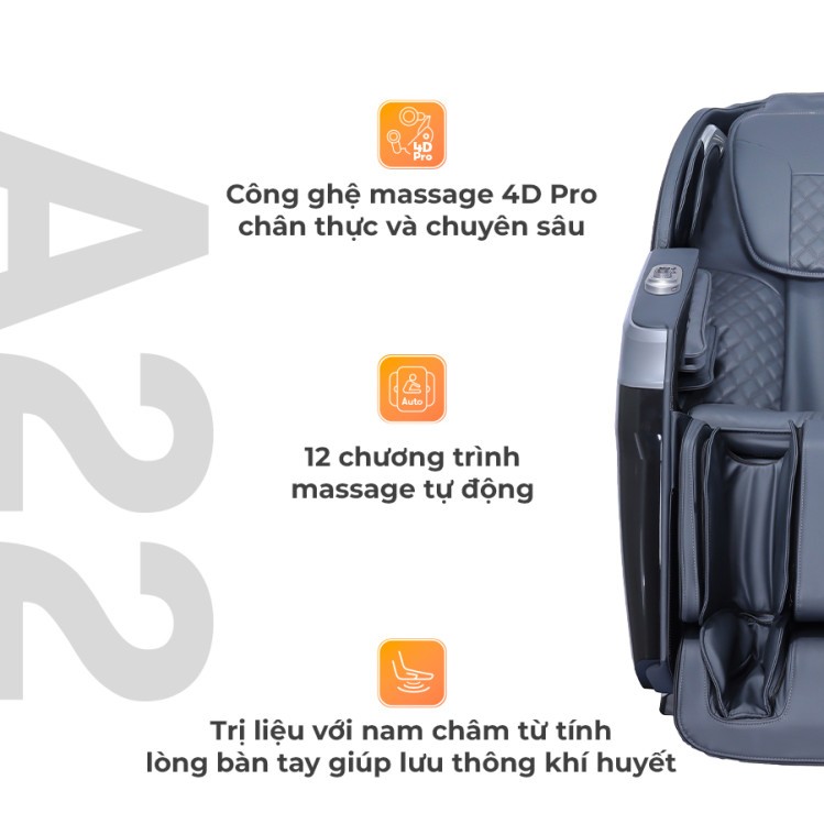 Ghế massage toàn thân ABCSport A22 black công nghệ massage 4D PRO, 12 bài massage tự động, điều khiển bằng giọng nói