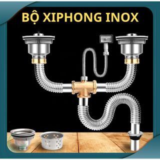 Bộ xả thoát nước, xiphong inox 304 dùng cho chậu rửa bát đôi, chậu rửa bát 2 hố, ren nối bằng đồng chắc chắn