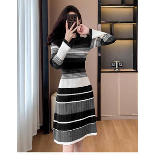 Đầm len sọc tay dài cao cấp. Nhập QC