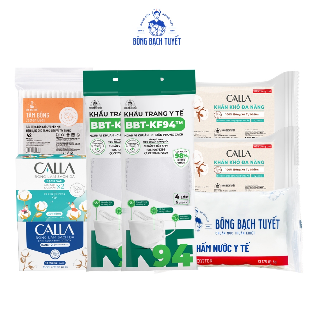 HÀNG TẶNG KHÔNG BÁN - Combo 8 quà tặng Bông Bạch Tuyết: Bông tẩy trang, khẩu trang, bông y tế, tăng bông, khăn khô