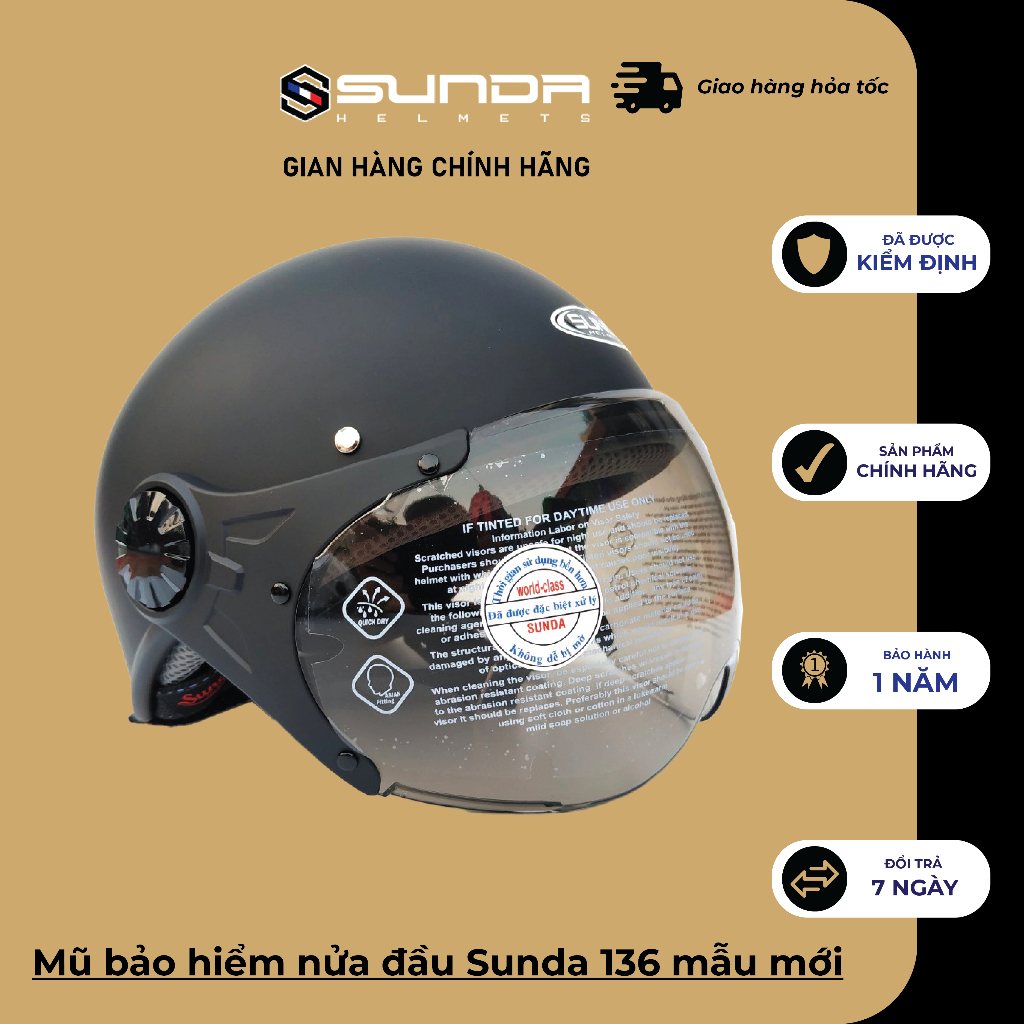 Mũ bảo hiểm nửa đầu  có kính Sunda 136 chính hãng mẫu mới nhiều màu
