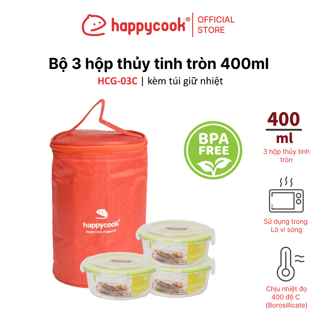 Bộ 3 hộp thủy tinh tròn 400ml + kèm túi giữ nhiệt HAPPYCOOK, HCG-03C