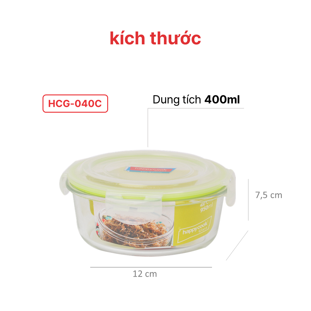 Bộ 3 hộp thủy tinh tròn 400ml + kèm túi giữ nhiệt HAPPYCOOK, HCG-03C