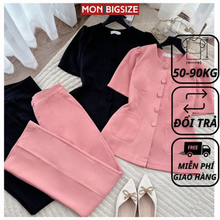 Set đồ bộ bigsize nữ dự tiệc đi chơi sang chảnh kiểu cổ tròn nút bọc chất cotton lạnh MON big size 50 - 90kg