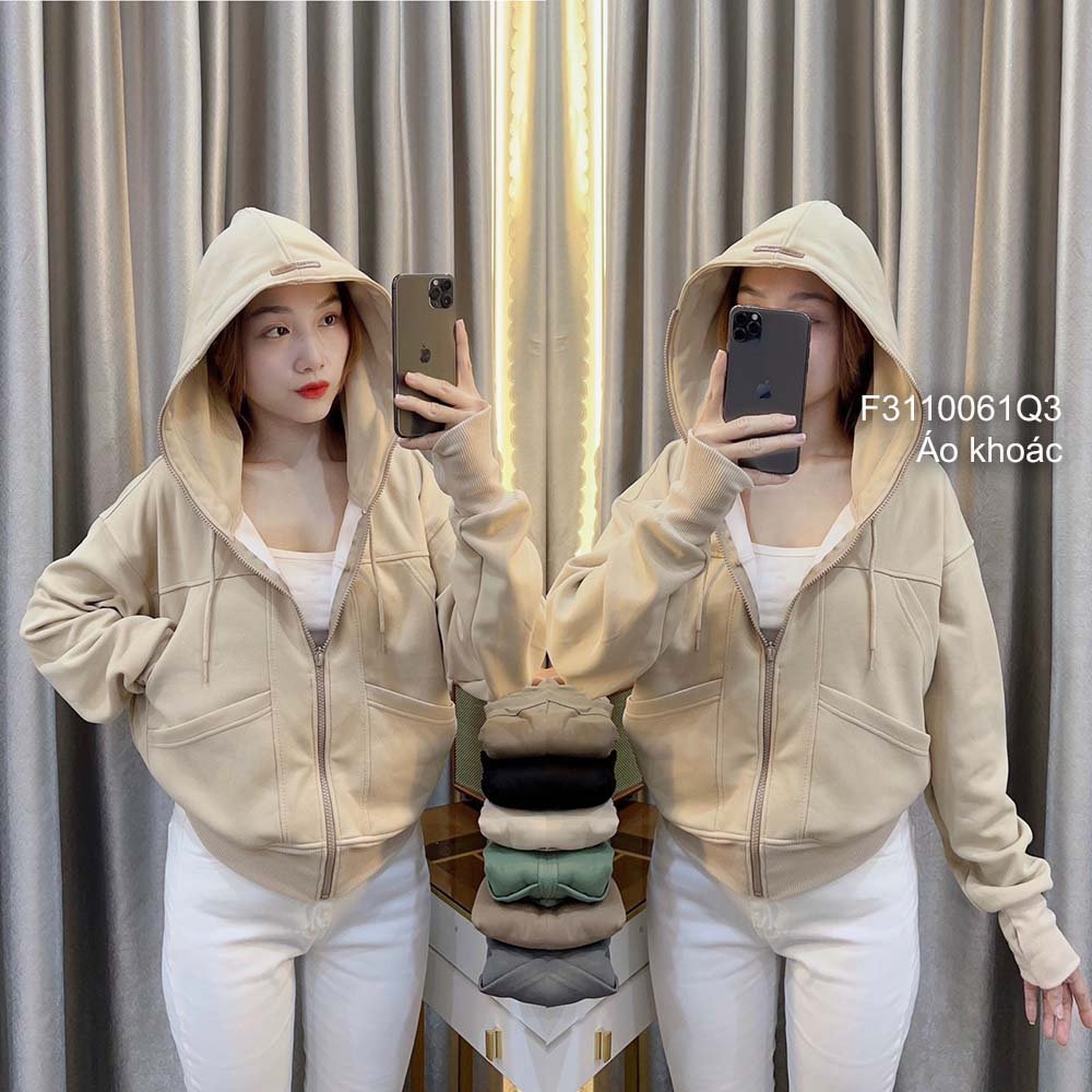 Áo khoác thun 2 da có nón phối 8 túi dây kéo khóa tay dài!