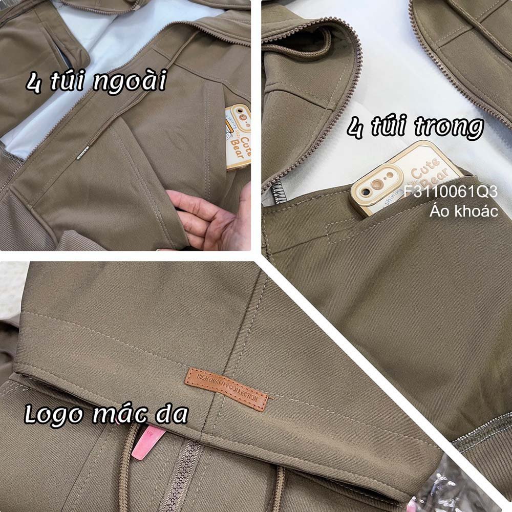 Áo khoác thun 2 da có nón phối 8 túi dây kéo khóa tay dài!