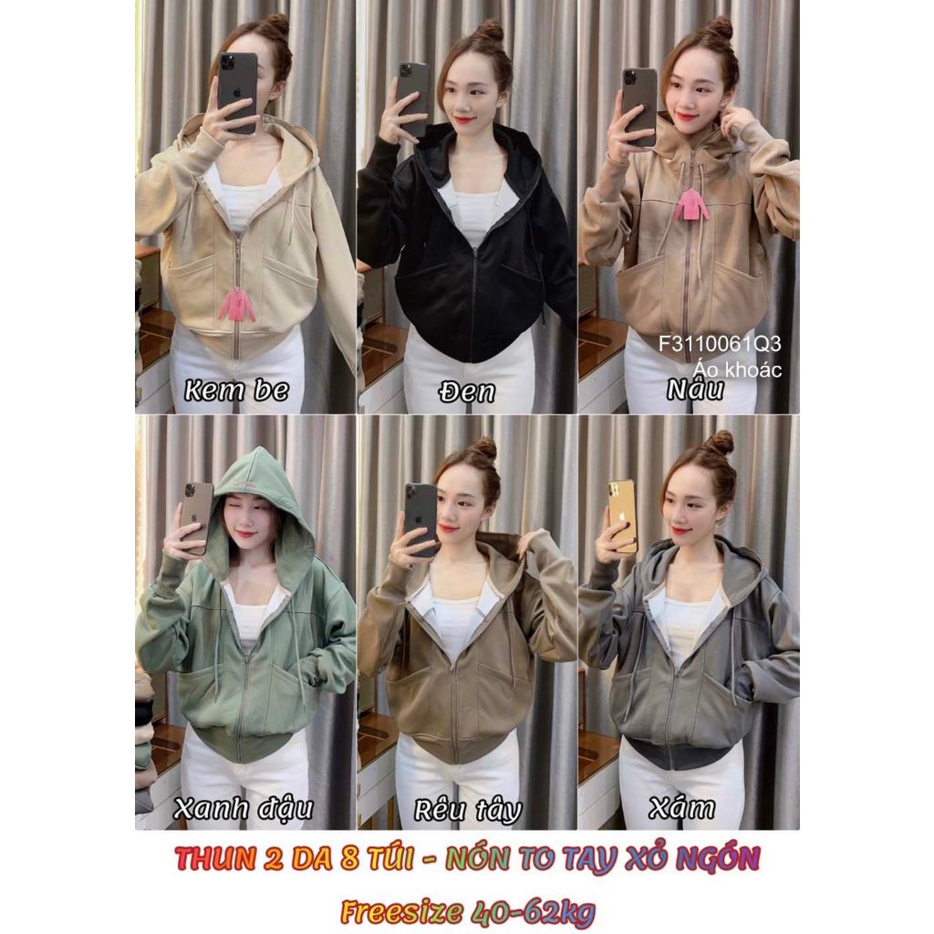 Áo khoác thun 2 da có nón phối 8 túi dây kéo khóa tay dài!