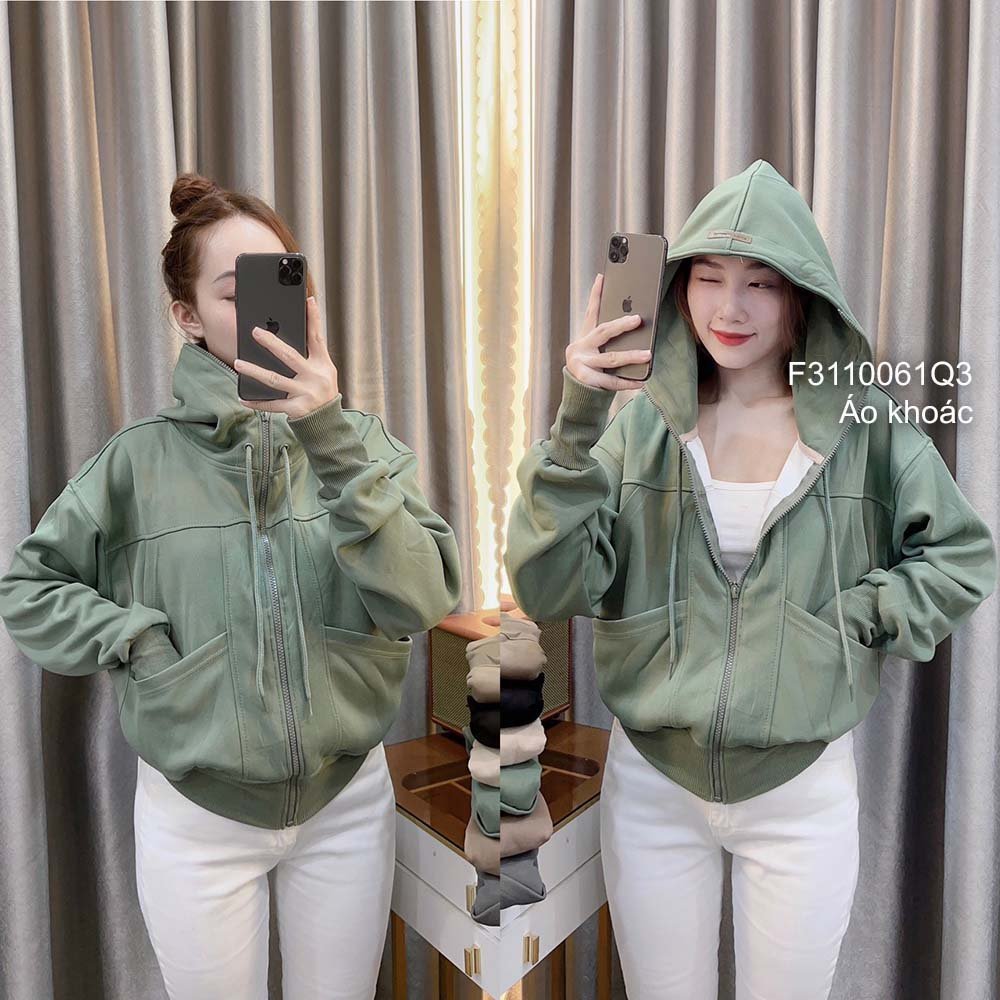 Áo khoác thun 2 da có nón phối 8 túi dây kéo khóa tay dài!