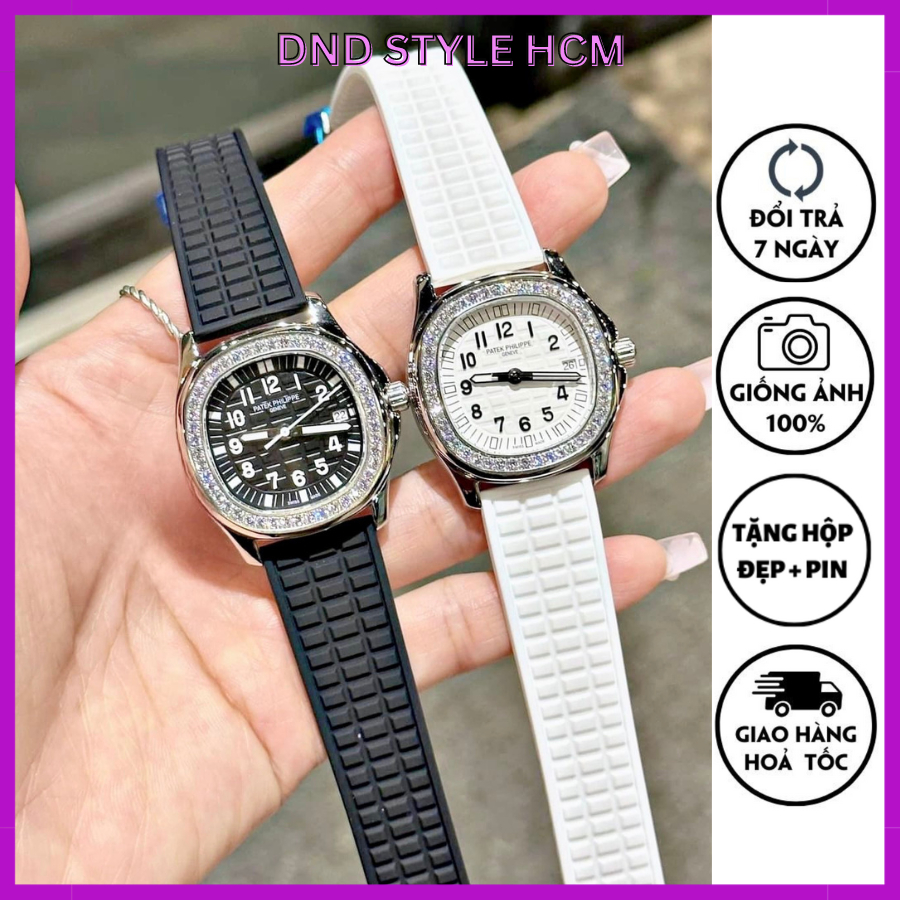 Đồng hồ nữ Patek Philipe size 32mm, đồng hồ nữ đẹp dây silicon mềm mặt viền đá trẻ trung cá tính - DndStyle