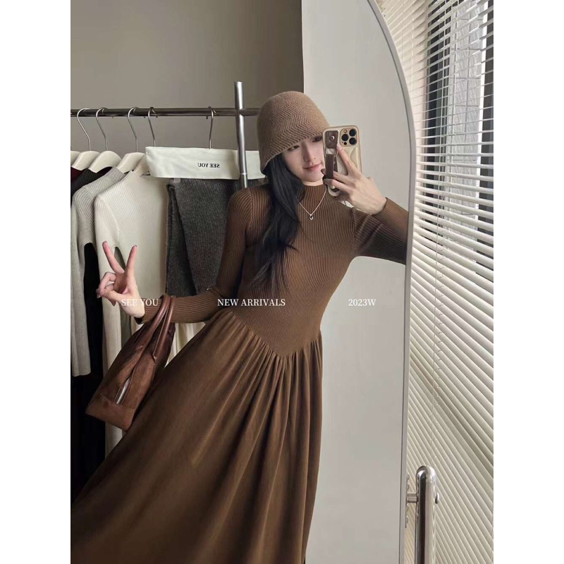 H601 Váy len eo v dài tay chân bồng