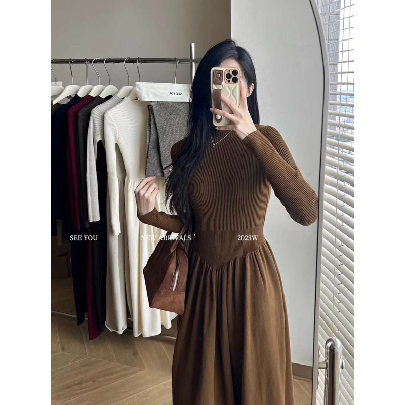 H601 Váy len eo v dài tay chân bồng