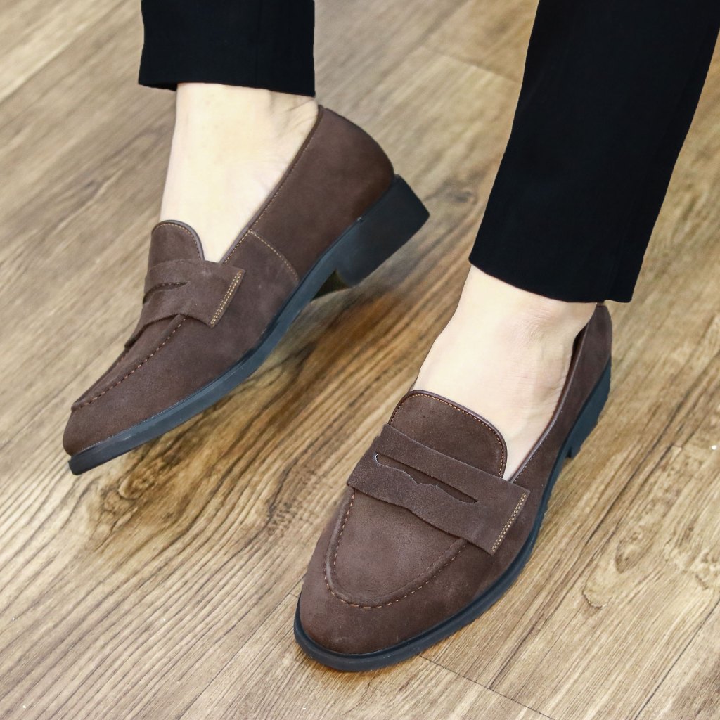 Giày lười nam chất liệu da lộn đế cao su đúc êm mềm mã G077 màu nâu
