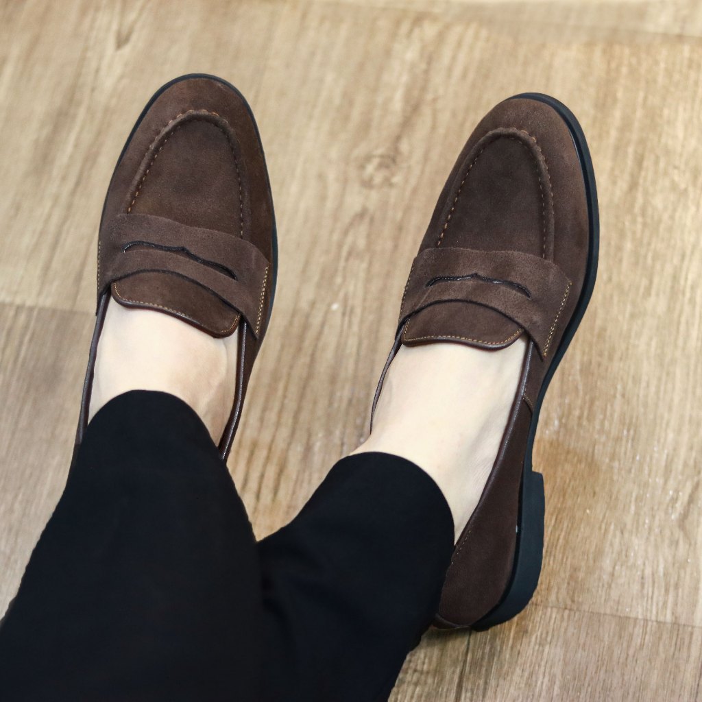 Giày lười nam chất liệu da lộn đế cao su đúc êm mềm mã G077 màu nâu